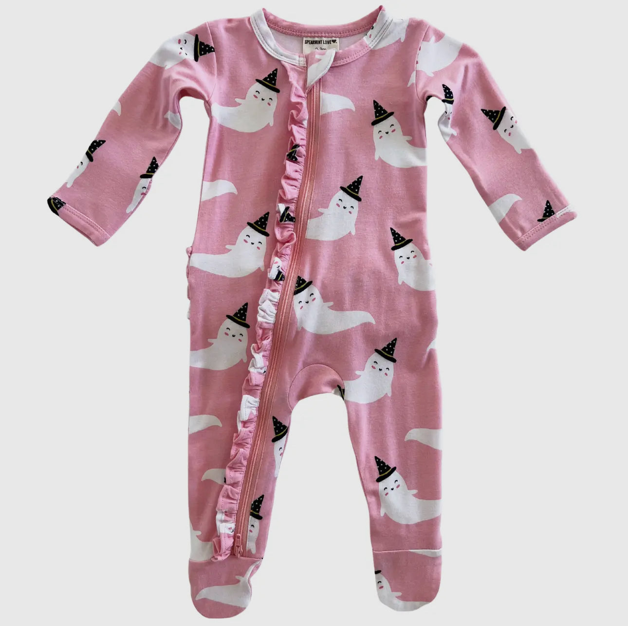 Organic 2-Way Zip Ruffle Footie, Pink Ghost