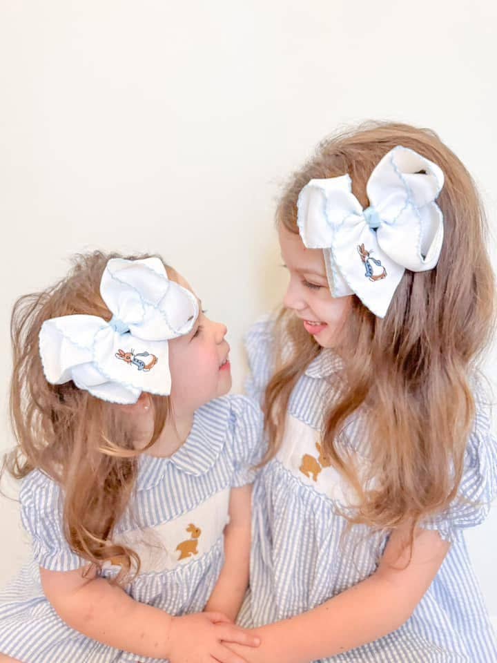 Blue Rabbit Embroidered Hair Bow: 5.5 inch