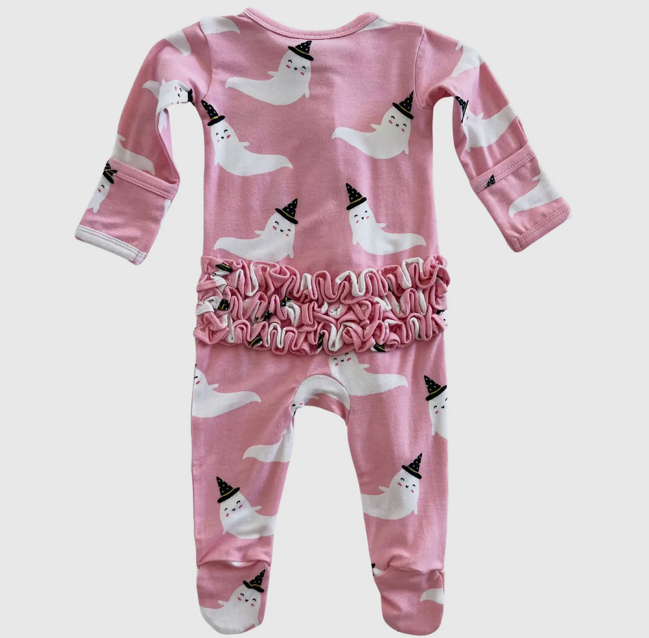 Organic 2-Way Zip Ruffle Footie, Pink Ghost