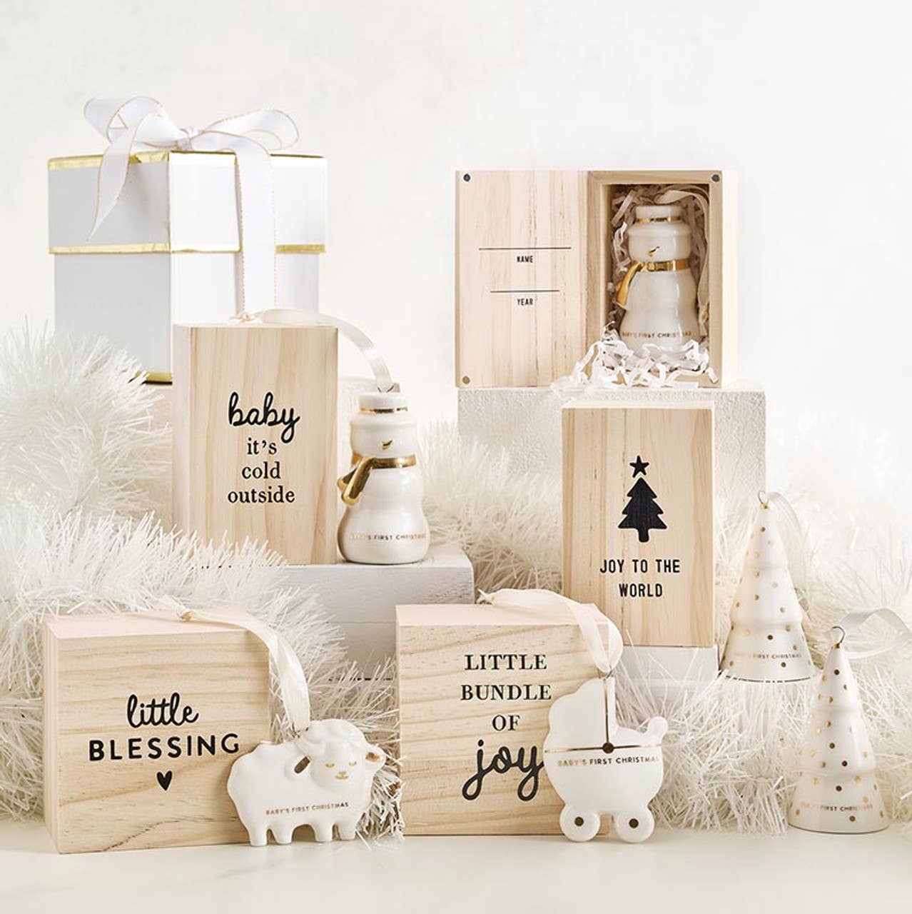 Baby's First Christmas Ornament - Baby Carriage: Ceramic, Pinewood, Ribbon / Box: 3.25" W x 3.25" H, Ornament: 2.25" W x 3" H