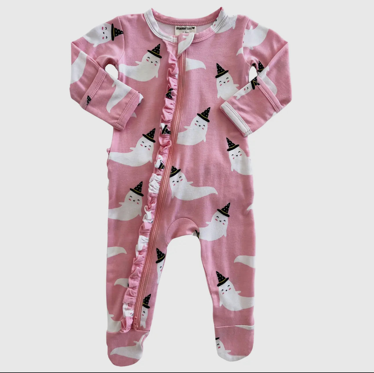Organic 2-Way Zip Ruffle Footie, Pink Ghost