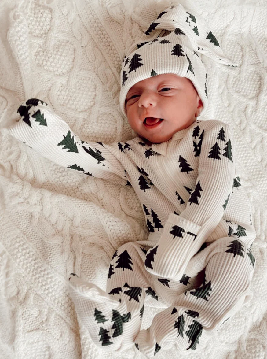 Organic Waffle Knit 2-Way Zipper Footie -Forest Green Trees