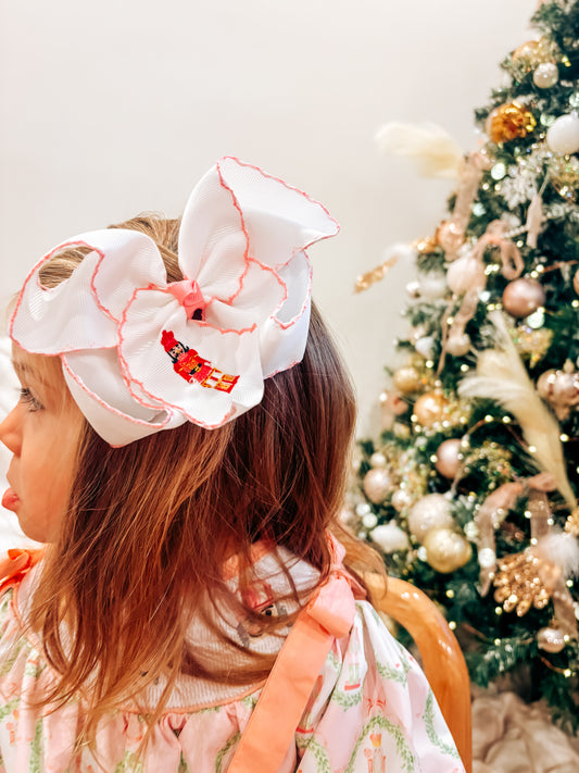 Pink Nutcracker Embroidered Moonstitch Hair Bow: 5.5 inch