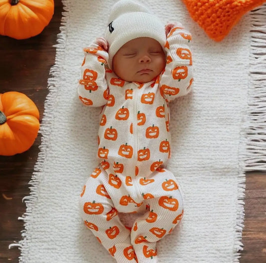 Organic Waffle Regular Zip Footie, Jack-o-Lantern
