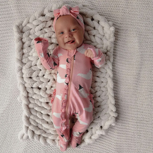 Organic 2-Way Zip Ruffle Footie, Pink Ghost