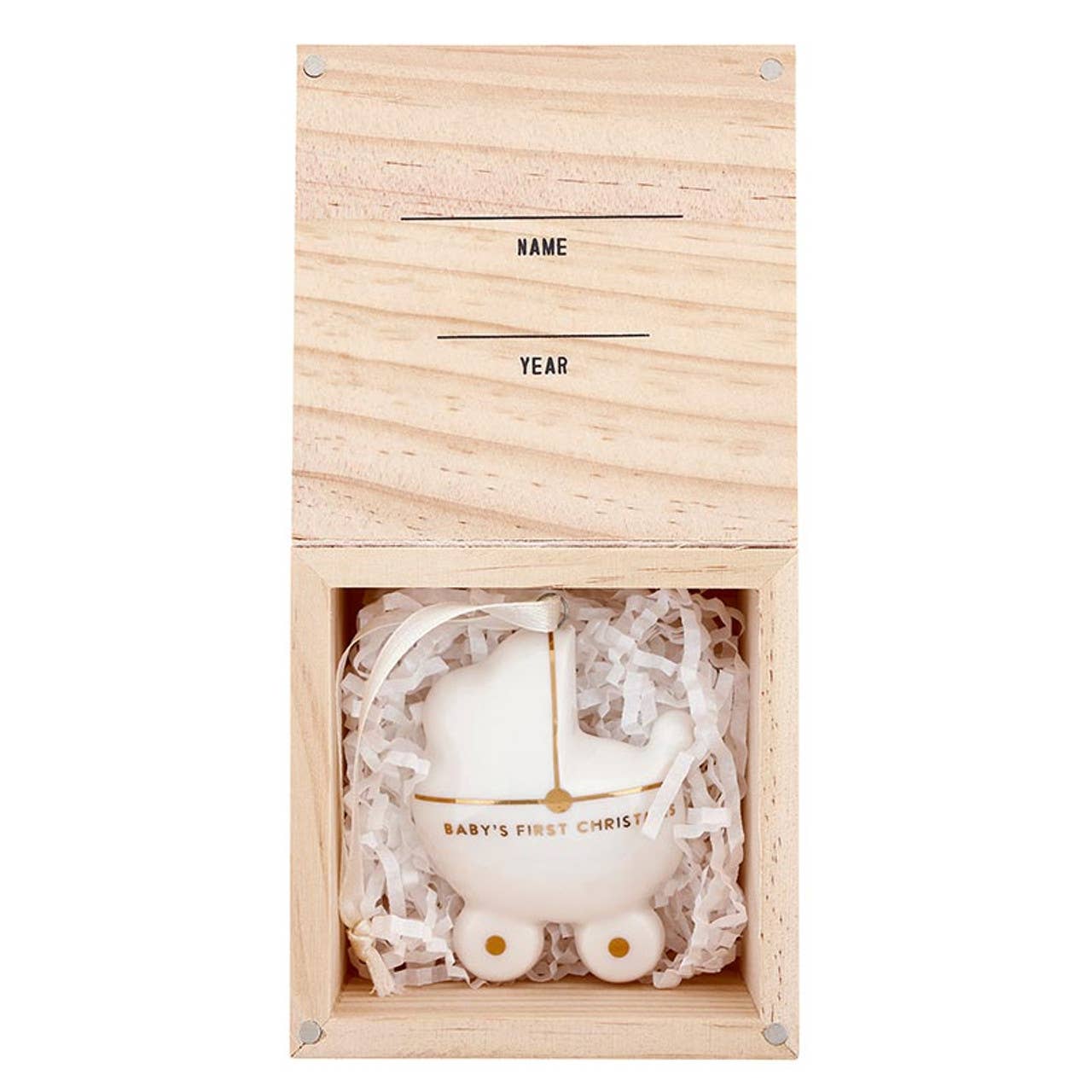 Baby's First Christmas Ornament - Baby Carriage: Ceramic, Pinewood, Ribbon / Box: 3.25" W x 3.25" H, Ornament: 2.25" W x 3" H