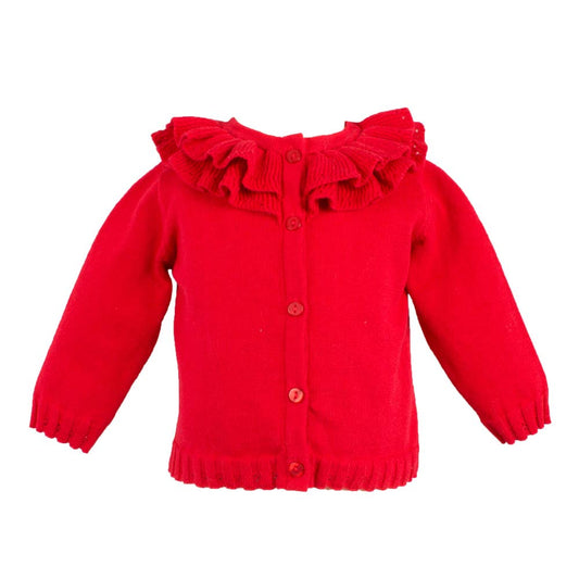 Pointelle Ruffle Collar Cardigan: Red