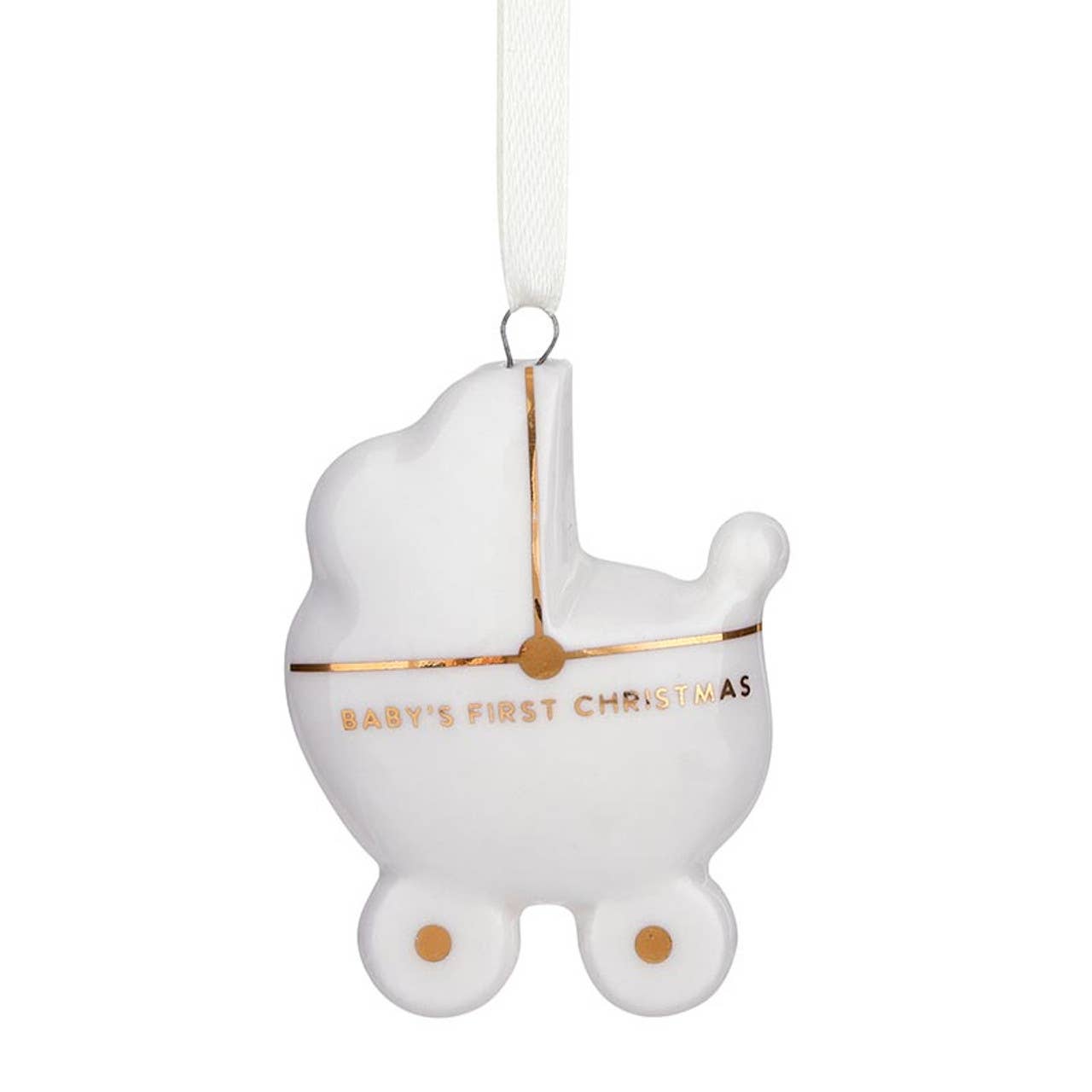 Baby's First Christmas Ornament - Baby Carriage: Ceramic, Pinewood, Ribbon / Box: 3.25" W x 3.25" H, Ornament: 2.25" W x 3" H