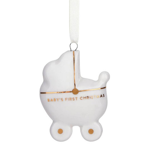 Baby's First Christmas Ornament - Baby Carriage: Ceramic, Pinewood, Ribbon / Box: 3.25" W x 3.25" H, Ornament: 2.25" W x 3" H