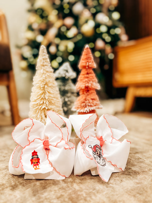 Pink Santa Embroidered Moonstitch Bow: 5.5 inch